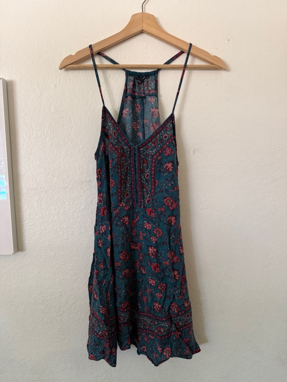 American Eagle Outfitters Teal Mini Dress with Pink Floral Print Sz M